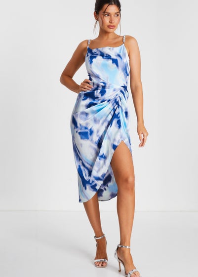 Quiz Blue Satin Marble Print Ruched Midi Dress