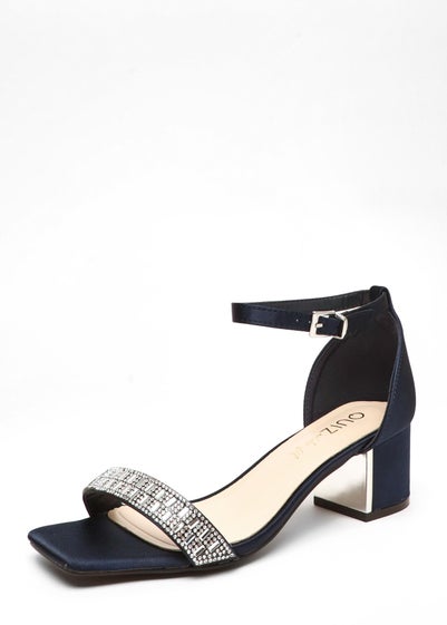 Quiz Navy Wide Fit Satin Diamante Low Block Heeled Sandals