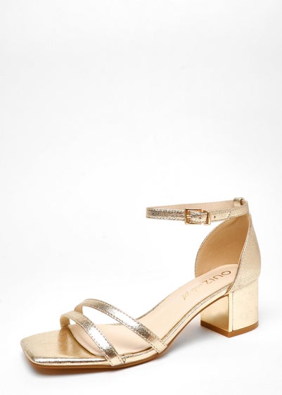 Quiz Gold Wide Fit Foil Strappy Low Block Heeled Sandals