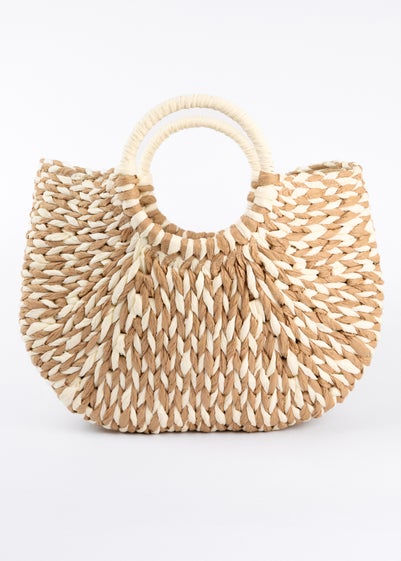 Blue Vanilla Stone Circle Handle Woven Handbag