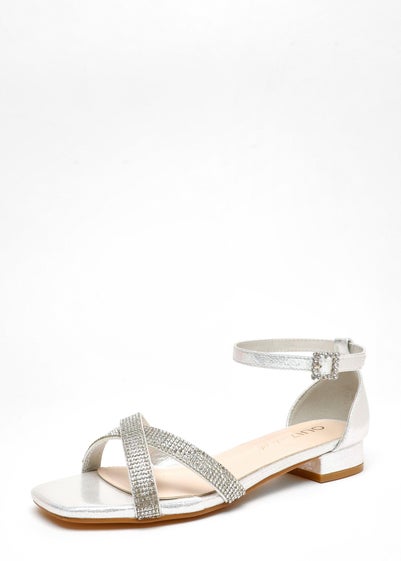 Quiz Silver Wide Fit Diamante Cross Strap Flat Sandals