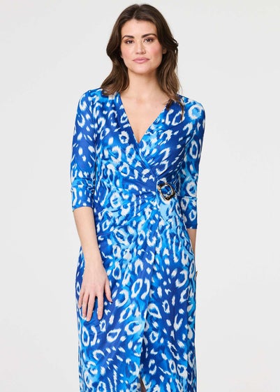 Izabel London Blue Animal Print 3/4 Sleeve Midi Wrap Dress