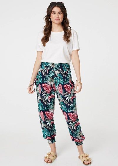 Izabel London Navy Leaf Print Harem Pants with Pockets