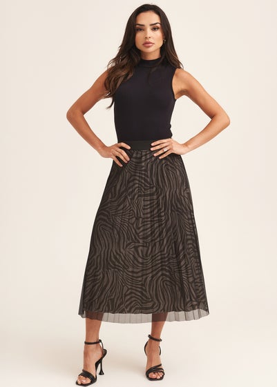 Gini London Black Animal Print Mesh Overlay Pleated Midi Skirt