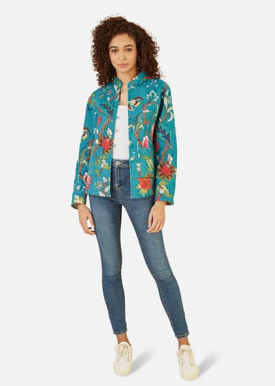 Yumi Teal Floral Print Reversible Cotton Quilted Jacket