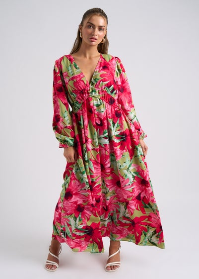 Urban Bliss Green Large Floral Ruched Smock Dress