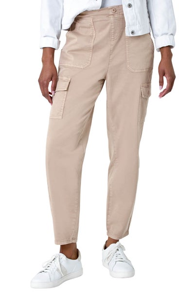 Roman Natural Casual Elastic Waist Cropped Cargo Trousers