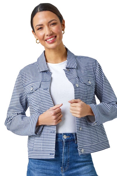 Roman Navy Gingham Stretch Pocket Detail Jacket