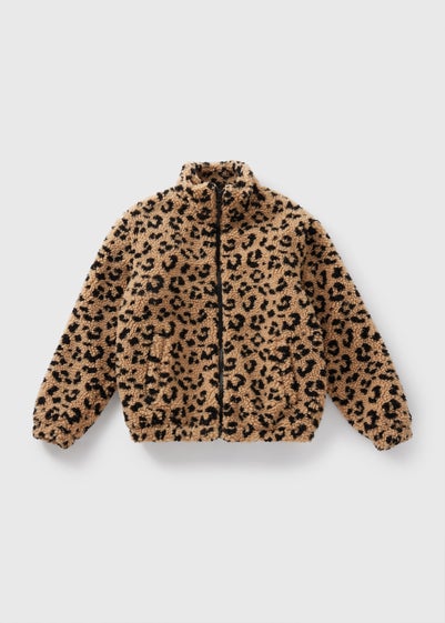 Girls Tan Leopard Print Borg Jacket (7-15yrs)