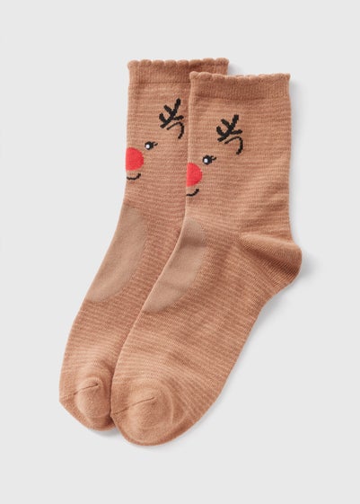 Wondrous 1 Pack Brown Reindeer Crew Socks