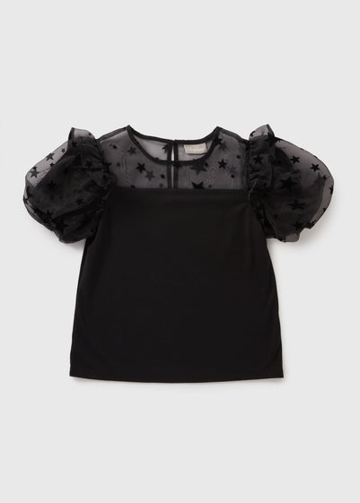 Girls Black Star Mesh Puff Sleeve Top (7-15yrs)