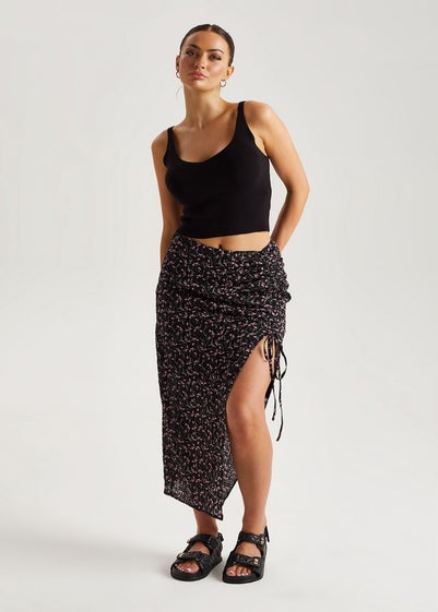 Urban Bliss Black Chiffon Floral Ruched Midi Skirt