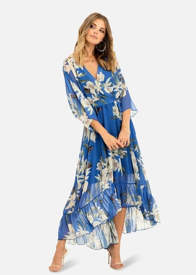 Yumi Blue Floral Print Kimono Midi Wrap Dress