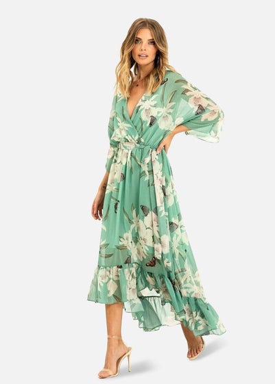 Yumi Mint Floral Print Kimono Midi Wrap Dress