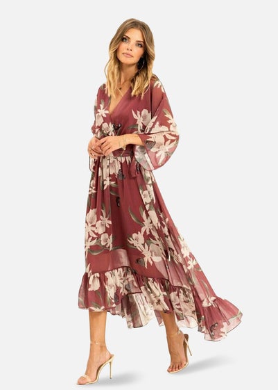 Yumi Rose Pink Floral Print Kimono Midi Wrap Dress