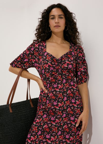 Black Floral Print Ruched Midi Dress