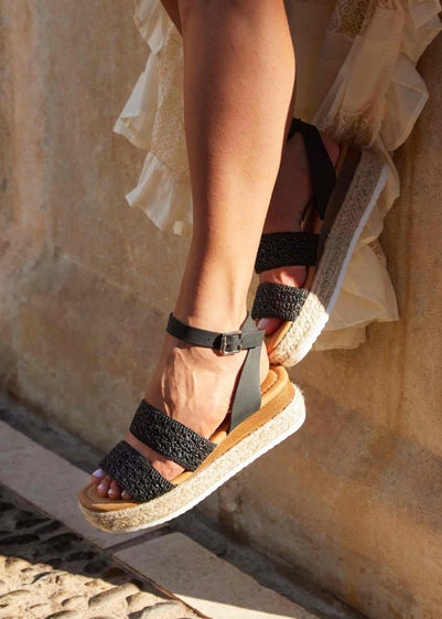 Linzi Daria Black Nubuck Crochet Two Part Espadrille Inspired Platform Wedge