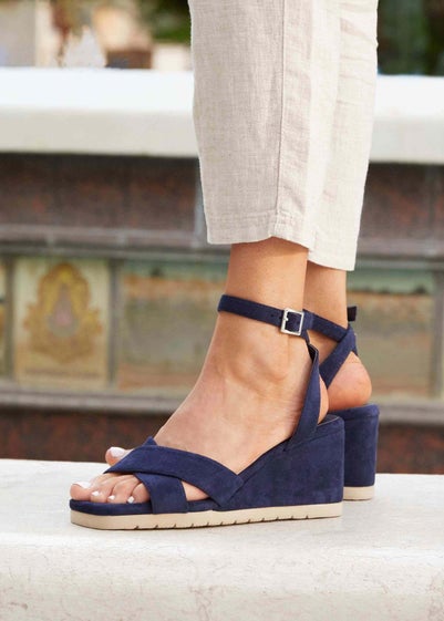 Linzi Imogen Navy Faux Suede Covered Crossover Wedge