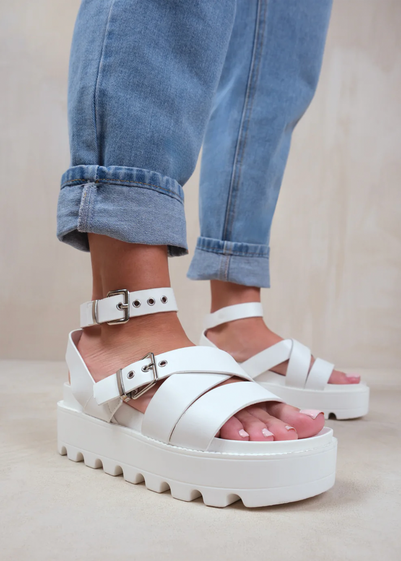 Where's That From Layla White Wide-Fit Buckle Strap Platform Sandals