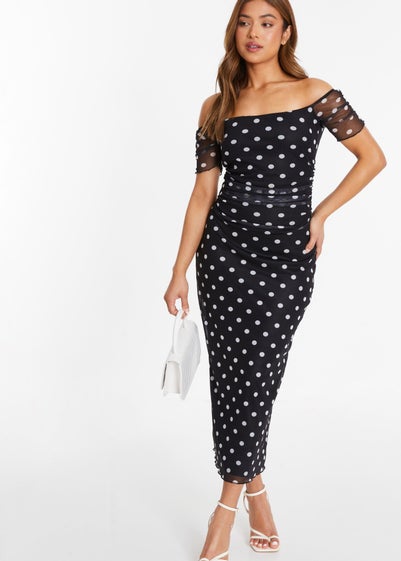 Quiz Black Petite Polka Dot Bardot Midaxi Dress