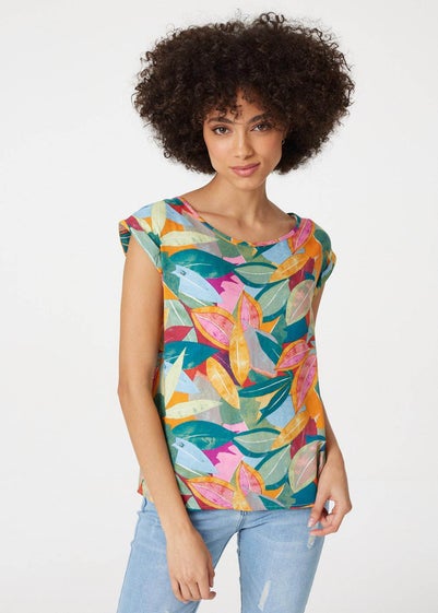 Izabel London Blue Leaf Print Short Sleeve Top