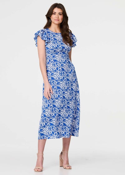 Izabel London Blue Printed Frill Cap Sleeve Midi Dress