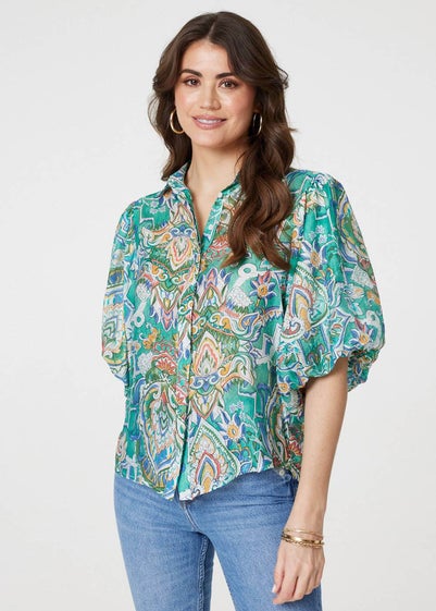 Izabel London Green Printed Puff 1/2 Sleeve Shirt