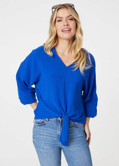 Izabel London Blue Knot Front Relaxed 3/4 Sleeve Blouse