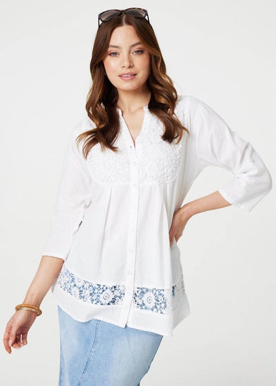 Izabel London White Lace Detail Collarless Button Down Shirt