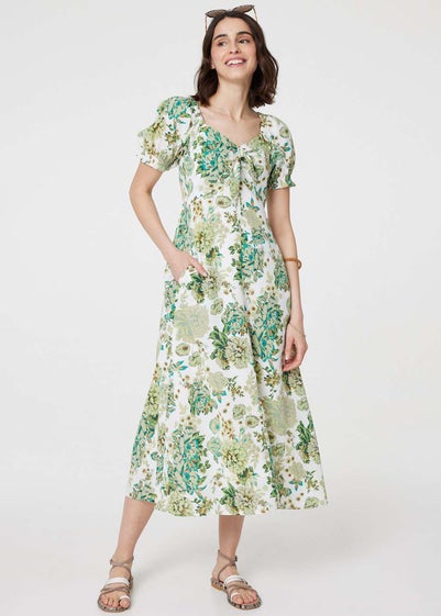 Izabel London Green Floral Tie-Front Short Sleeve Midi Dress