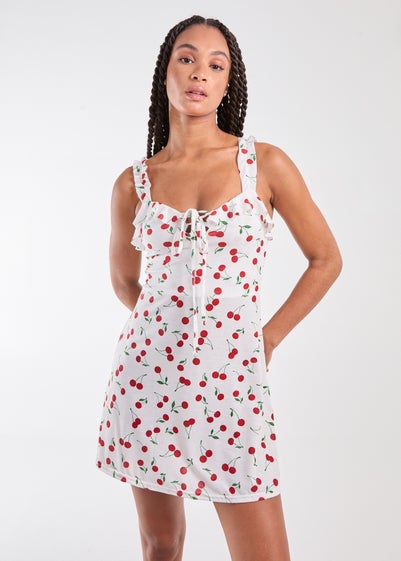 Pink Vanilla White Cherry Print Strappy Mini Dress