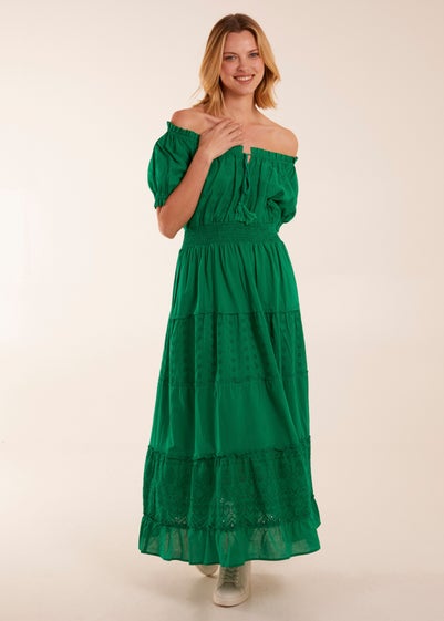 Blue Vanilla Green Milkmaid Broderie Tiered Maxi Dress