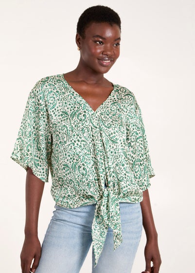 Blue Vanilla Green Tie Front V Neck Top