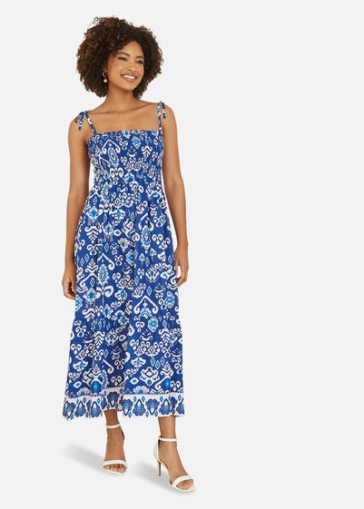 Yumi Blue Ikat Print Midi Sun Dress