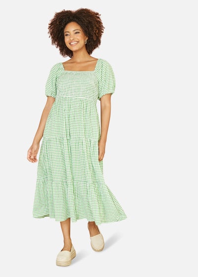 Yumi Green Gingham Smock Puff Sleeve Midi Dress