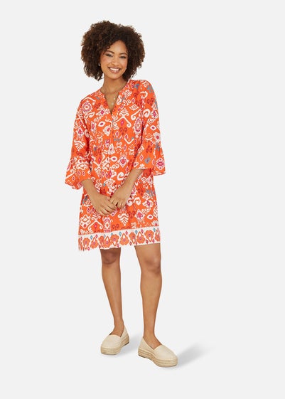 Yumi Orange Ikat Print 3/4 Sleeve Tunic Dress