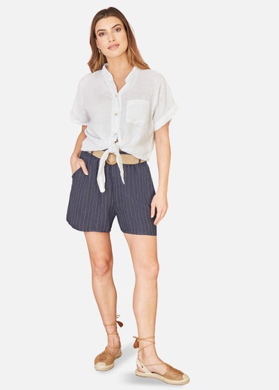 Yumi Navy Striped Italian Linen Shorts With Belt