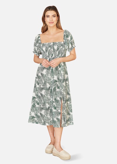 Yumi Green Organic Cotton Palm Print Midi Dress With Side Split