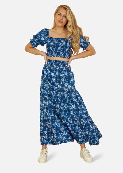 Yumi Blue Cotton Voile Floral Ruched Waist Midi Skirt