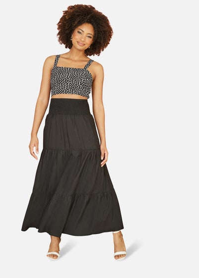 Yumi Black Ruched Waist Tiered Midi Skirt