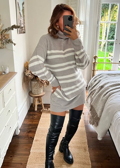 In The Style Grey Stripe Roll Neck Jumper Dress