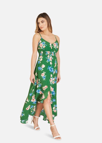 Mela Green Floral High Low Frill Midi Dress