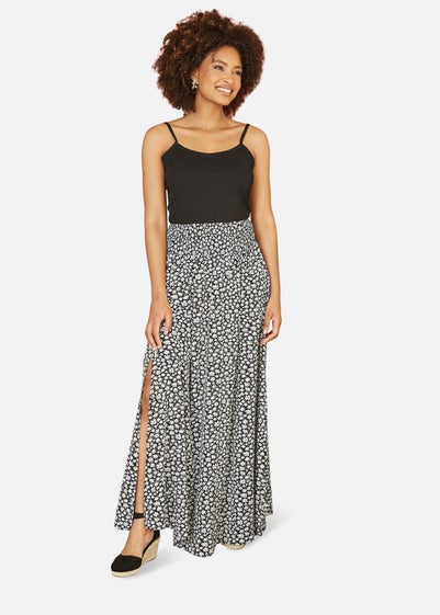 Mela Black Daisy Print Ruched Waist Maxi Skirt With Split Hem