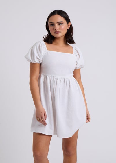 Urban Bliss White Linen Blend Lace Up Mini Smock Dress