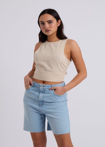 Urban Bliss Beige Linen Blend Tie Back Top