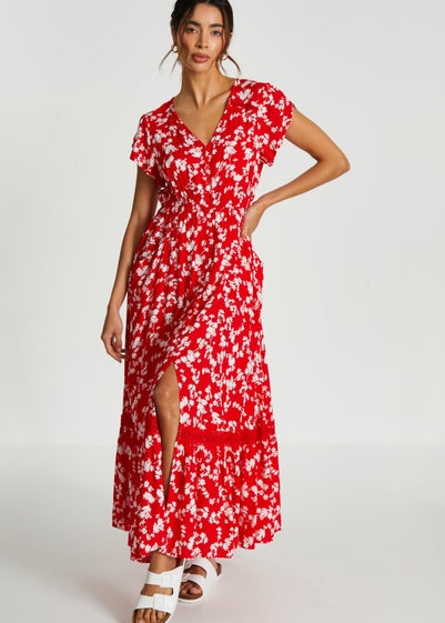 Quiz Red Ditsy Floral Crochet Trim Maxi Dress