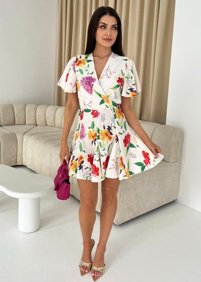 AX Paris Cream Floral Printed Wrap Top Skater Dress