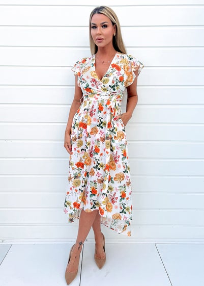 AX Paris Cream Floral Print Short Sleeve Belted Wrap Midi Dress