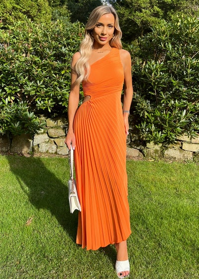 AX Paris Orange One Shoulder Cut Out Pleated Midi Dress