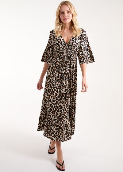 Blue Vanilla Cream Leopard Print Elasticated Neck Shirred Waist Midi Dress